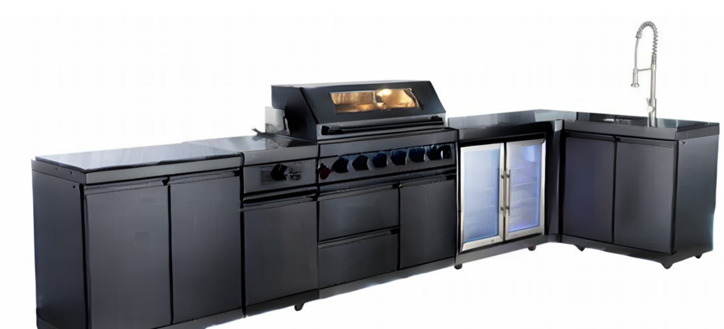 L Shaped Modular Outdoor Kitchen with Grill, Side Burner, Double Fridge and Sink