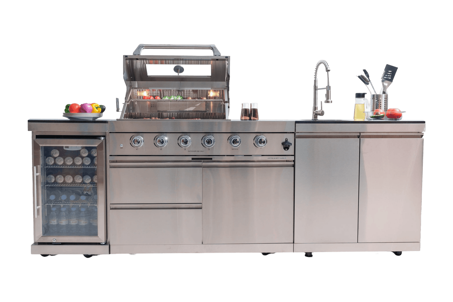 105 in. Sunzout Modular Outdoor Kitchen Island with a 32 Inch Grill and Sideburner, Refrigerator and Sink - Sunzout Outdoor Spaces LLC
