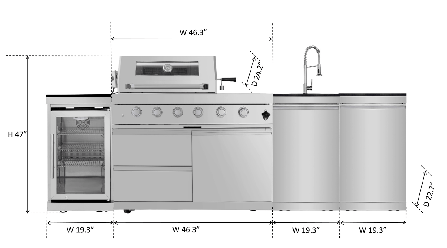 105 in. Sunzout Modular Outdoor Kitchen Island with a 32 Inch Grill and Sideburner, Refrigerator and Sink - Sunzout Outdoor Spaces LLC