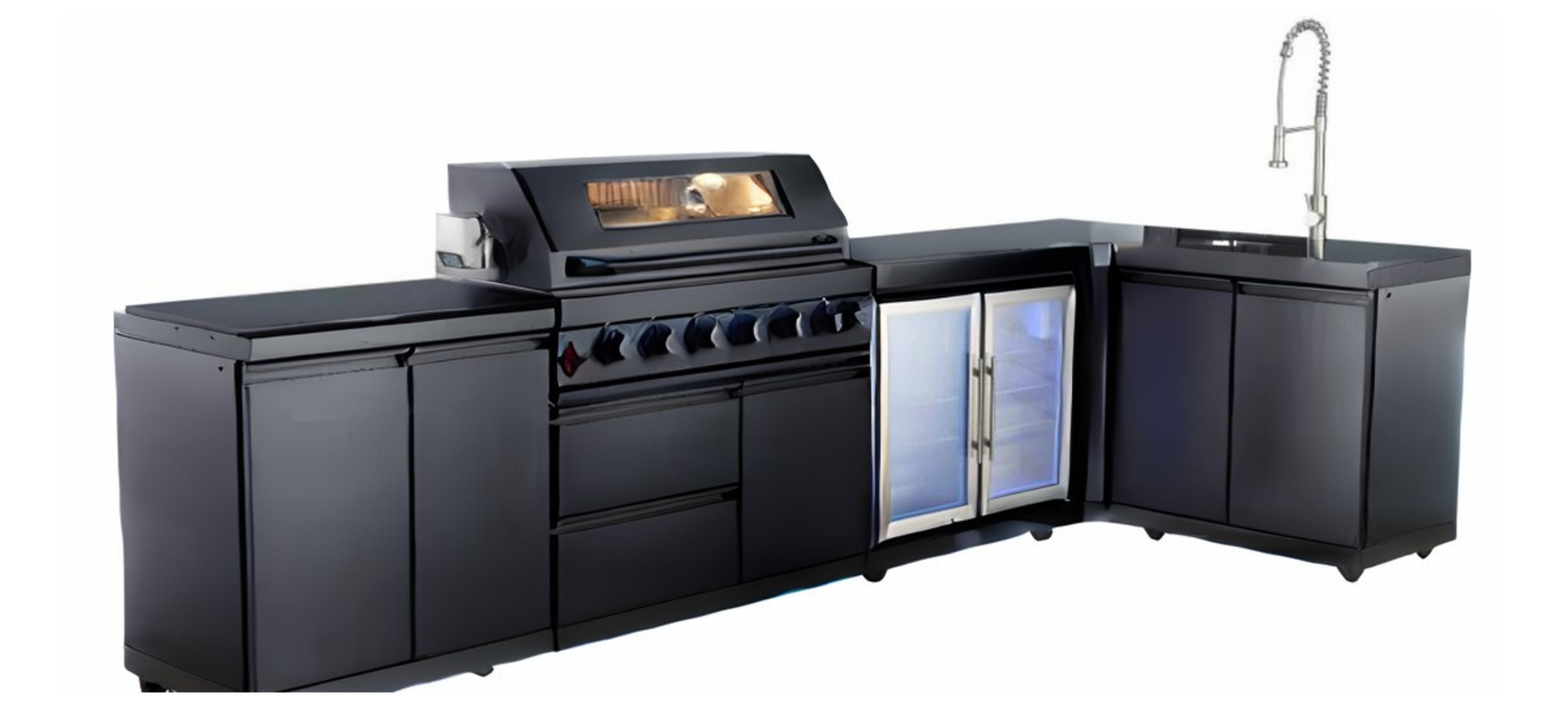 L Shaped Stainless Steel Modular Outdoor Kitchen, with Grill , Sink, Double Refrigerator and Storage