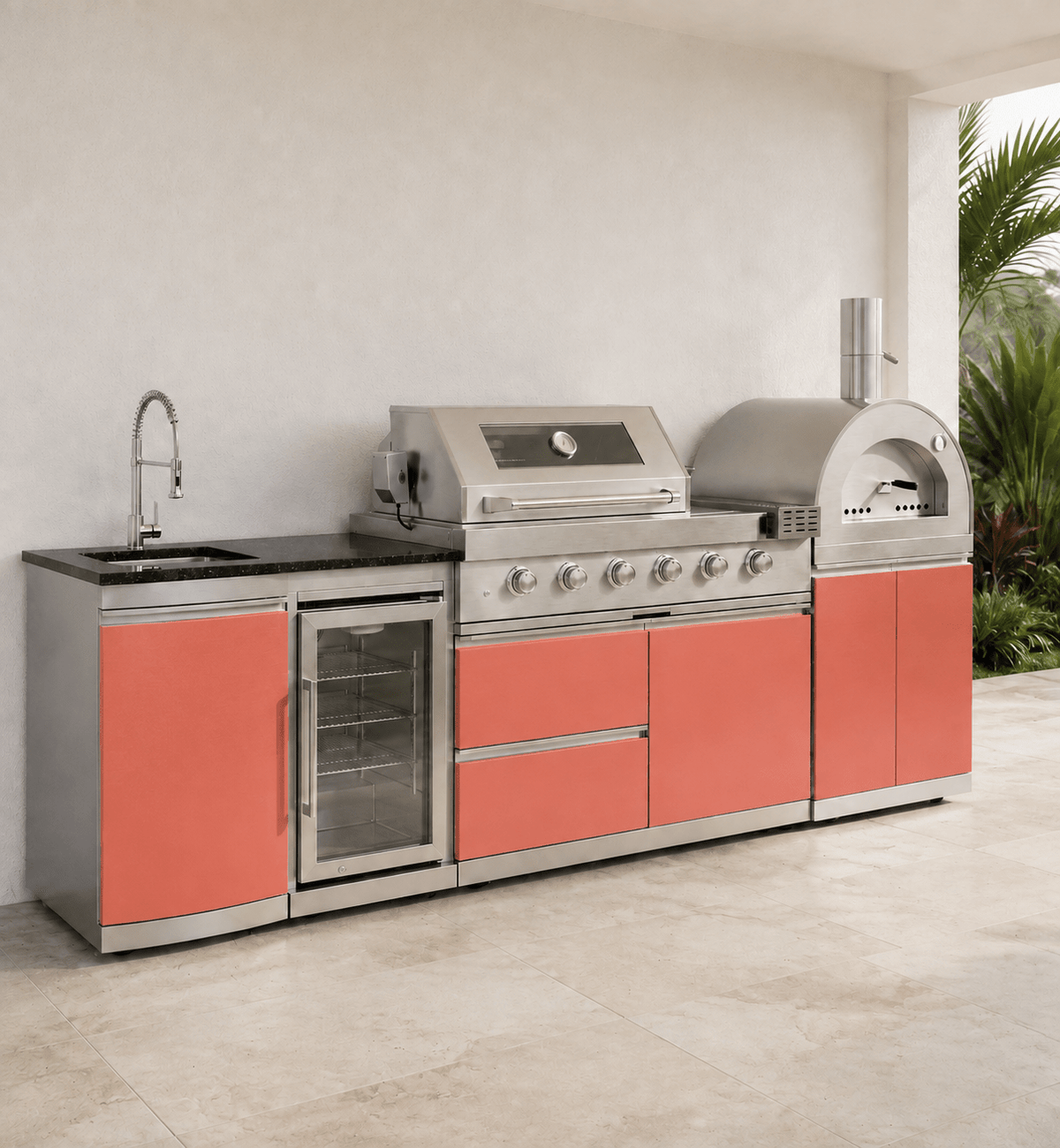 111.5" Designer Series Stainless Steel Outdoor Kitchen with Pizza Oven - Sink - Refrigerator - Grill and Side Burner - Sunzout Outdoor Spaces LLC