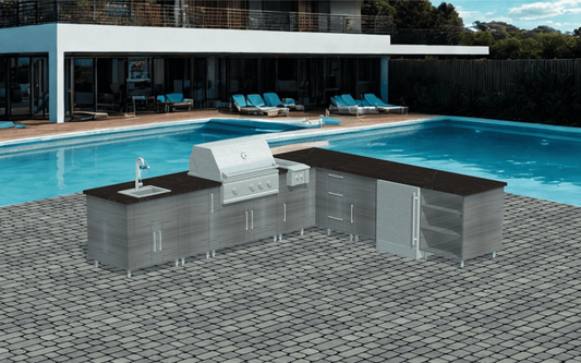 11ft.9in x 9ft.9in. WeatherStrong L - Shaped Outdoor Kitchen Island Ready For Sink, Grill, Side Burner and Refrigerator - Sunzout Outdoor Spaces LLC