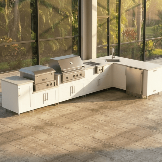 14ft.4in. x 6.9in. L - Shape WeatherStrong Outdoor Kitchen Island Ready For Grill, Side Burner, Refrigerator, Sink, Trash and Pizza Oven - Sunzout Outdoor Spaces LLC