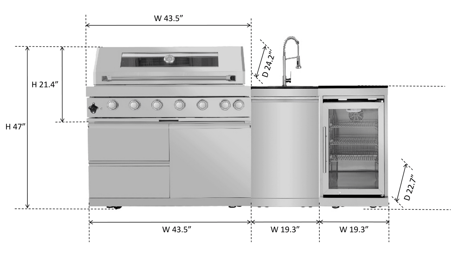 7ft Sunzout Modular Outdoor Kitchen Island, 304 Stainless Steel with 43 inch Grill, Refrigerator and Sink - Sunzout Outdoor Spaces LLC