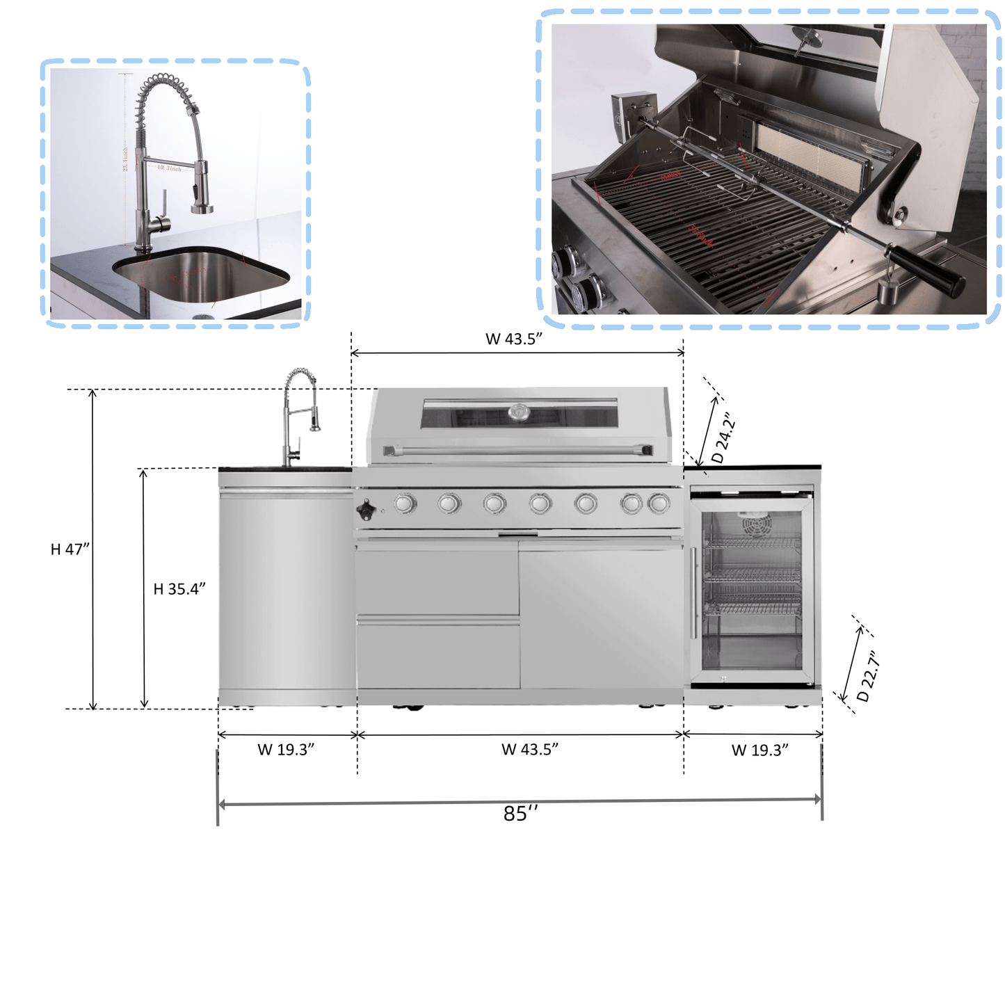 7ft Sunzout Modular Outdoor Kitchen Island, 304 Stainless Steel with 43 inch Grill, Refrigerator and Sink - Sunzout Outdoor Spaces LLC