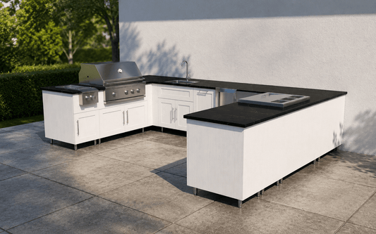 7ft.9in. x 12ft.7in. x 9ft.3in U - Shape WeatherStrong Outdoor Kitchen Island Ready For Grill, Side Burner, Beverage and Prep Station, Refrigerator, Sink and Wine Cooler - Sunzout Outdoor Spaces LLC