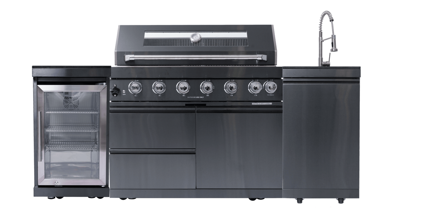 83 in. Sunzout Black Steel Modular Outdoor Kitchen Island with 43 Inch Grill, Sink and Refrigerator - Sunzout Outdoor Spaces LLC