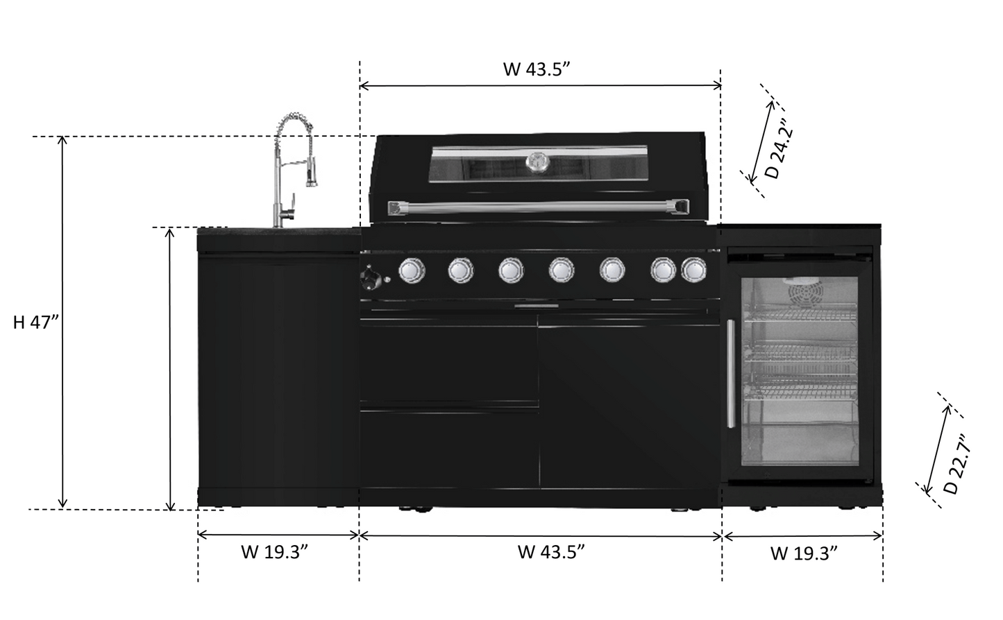 83 in. Sunzout Black Steel Modular Outdoor Kitchen Island with 43 Inch Grill, Sink and Refrigerator - Sunzout Outdoor Spaces LLC
