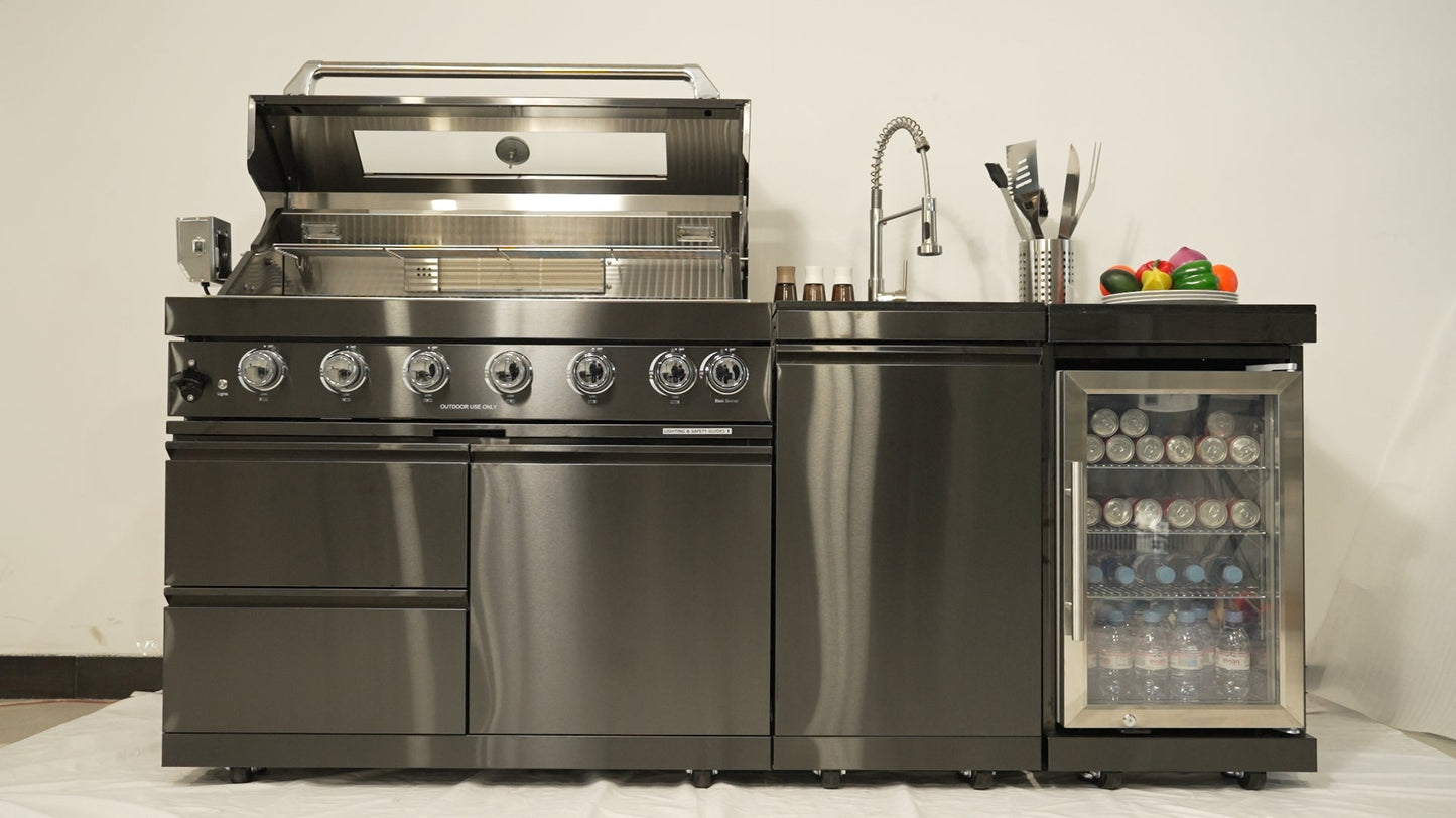 83 in. Sunzout Black Steel Modular Outdoor Kitchen Island with 43 Inch Grill, Sink and Refrigerator - Sunzout Outdoor Spaces LLC