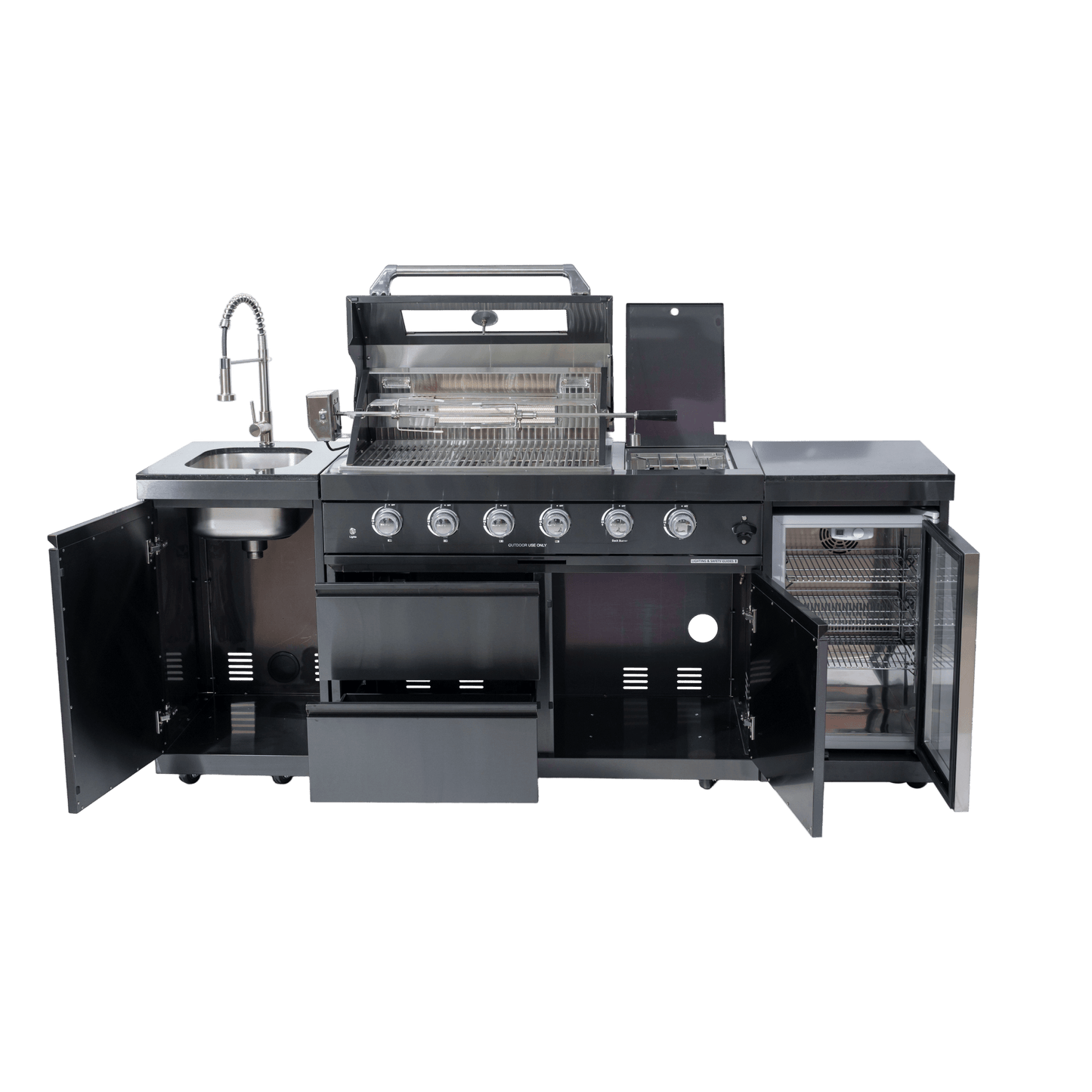85 in. Sunzout Black Modular Steel Outdoor Kitchen Island with 32 inch Grill, Sideburner, Sink and Refrigerator - Sunzout Outdoor Spaces LLC