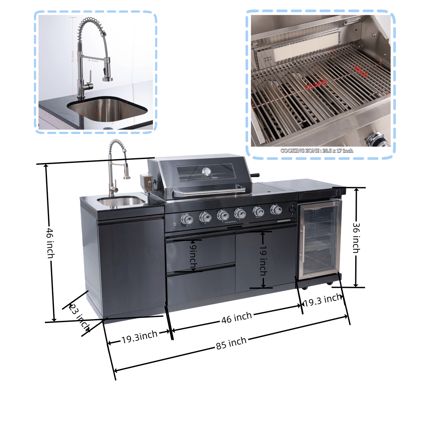85 in. Sunzout Black Modular Steel Outdoor Kitchen Island with 32 inch Grill, Sideburner, Sink and Refrigerator - Sunzout Outdoor Spaces LLC