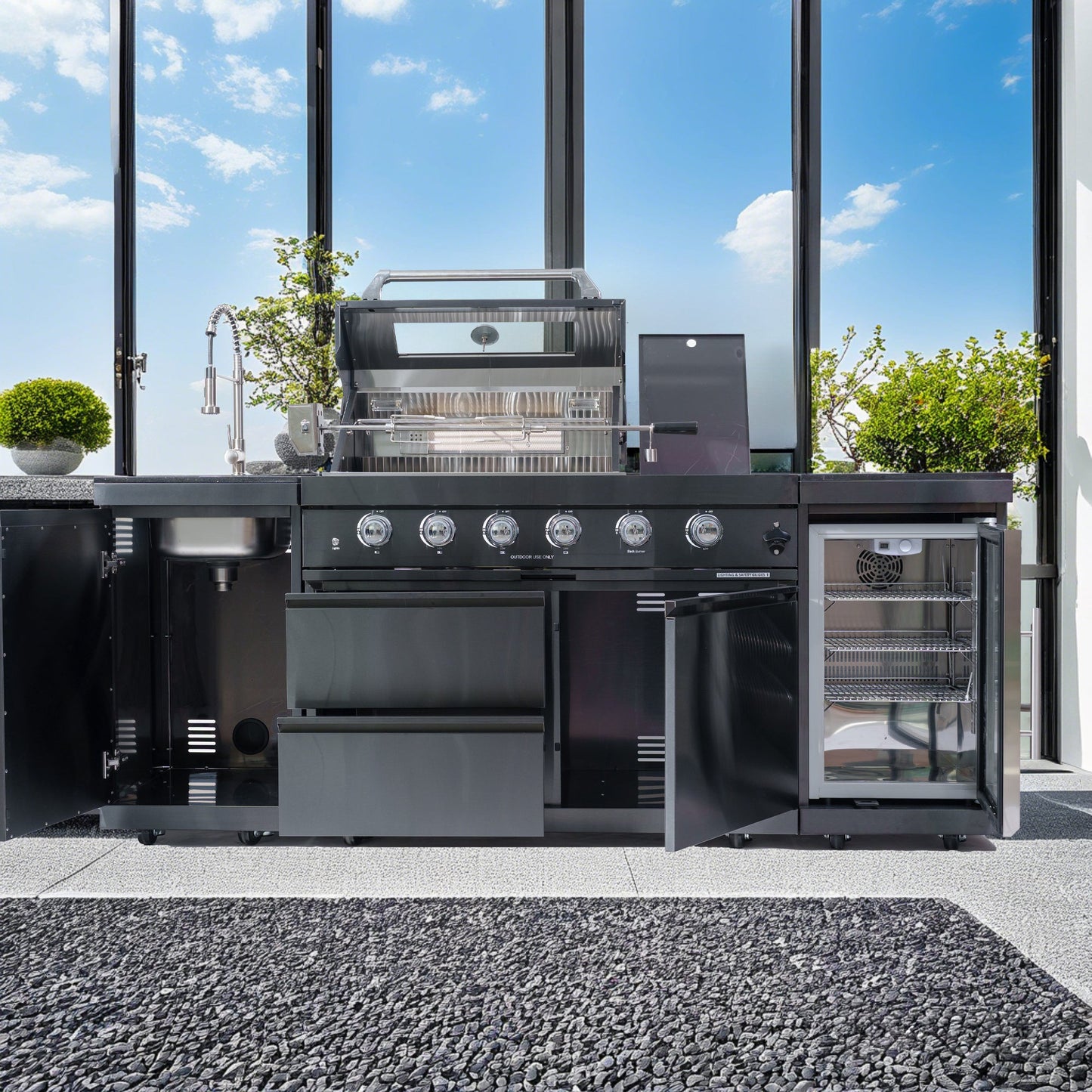 85 in. Sunzout Black Modular Steel Outdoor Kitchen Island with 32 inch Grill, Sideburner, Sink and Refrigerator - Sunzout Outdoor Spaces LLC