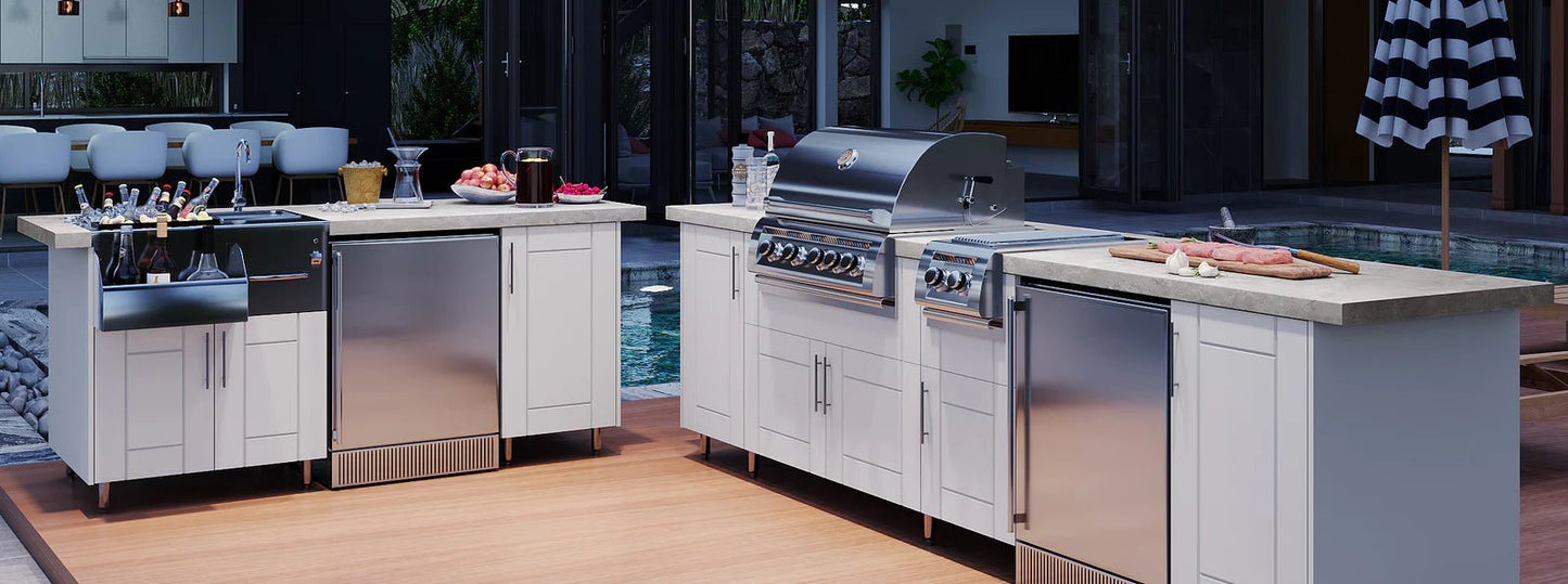 9ft.11in. WeatherStrong Outdoor Kitchen Island Ready For Grill, Side Burner, Trash, Refrigerator, Ice Chest and 3 Drawer Cabinet - Sunzout Outdoor Spaces LLC