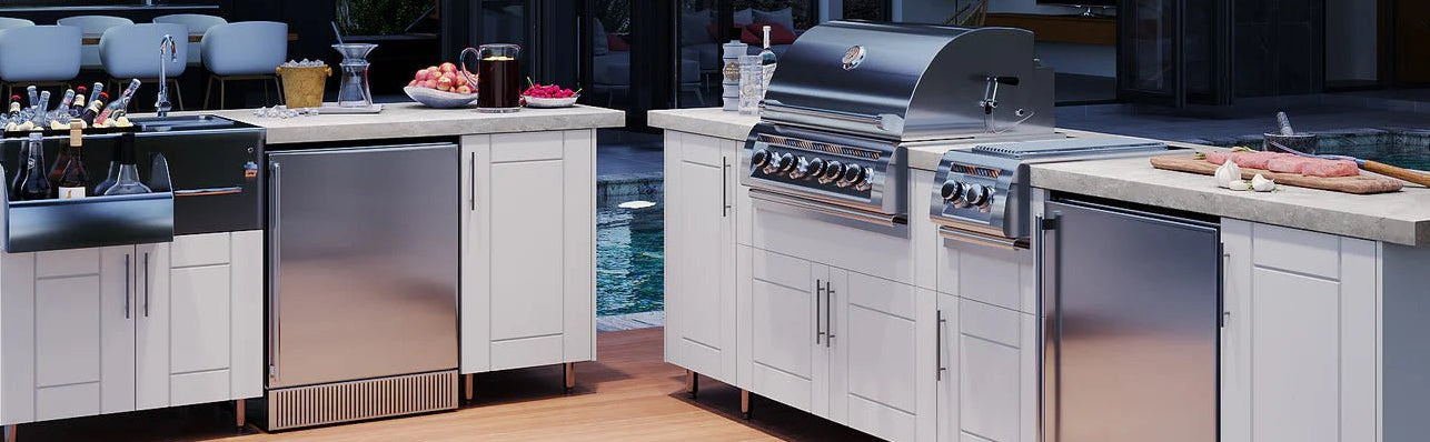 9ft.11in. WeatherStrong Outdoor Kitchen Island Ready For Grill, Side Burner, Trash, Refrigerator, Ice Chest and 3 Drawer Cabinet - Sunzout Outdoor Spaces LLC