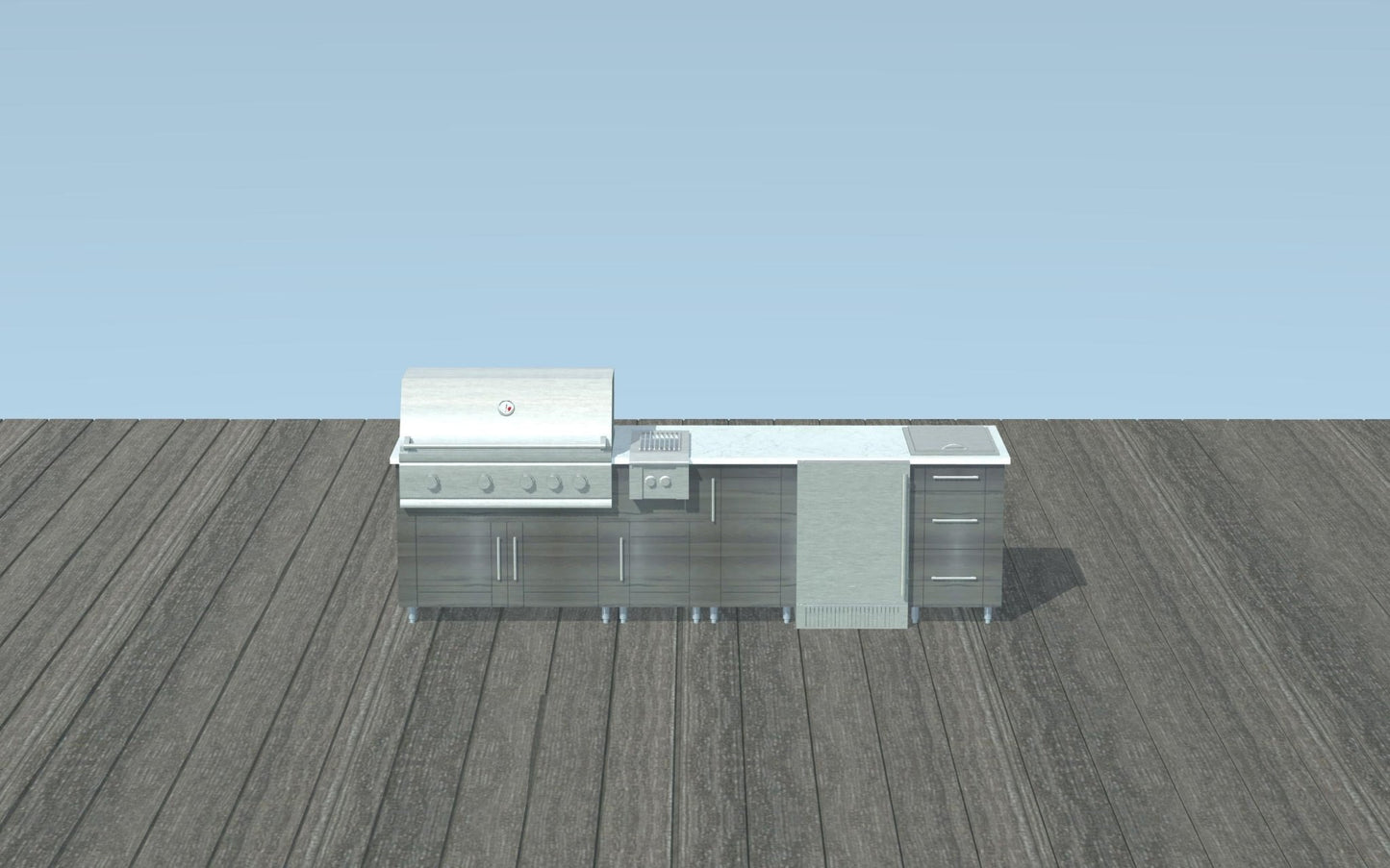 9ft.11in. WeatherStrong Outdoor Kitchen Island Ready For Grill, Side Burner, Trash, Refrigerator, Ice Chest and 3 Drawer Cabinet - Sunzout Outdoor Spaces LLC