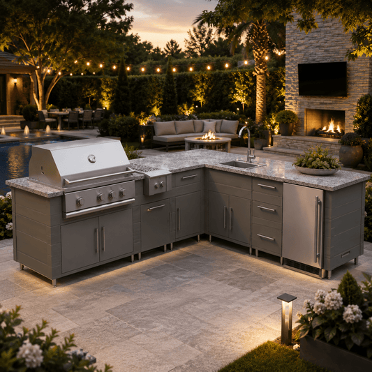 9ft.3in. x 9ft.1in. L - Shape WeatherStong Outdoor Kitchen Ready For Grill, Side Burner, Refrigerator, Sink, Trash, and 3 Drawer Cabinet - Sunzout Outdoor Spaces LLC
