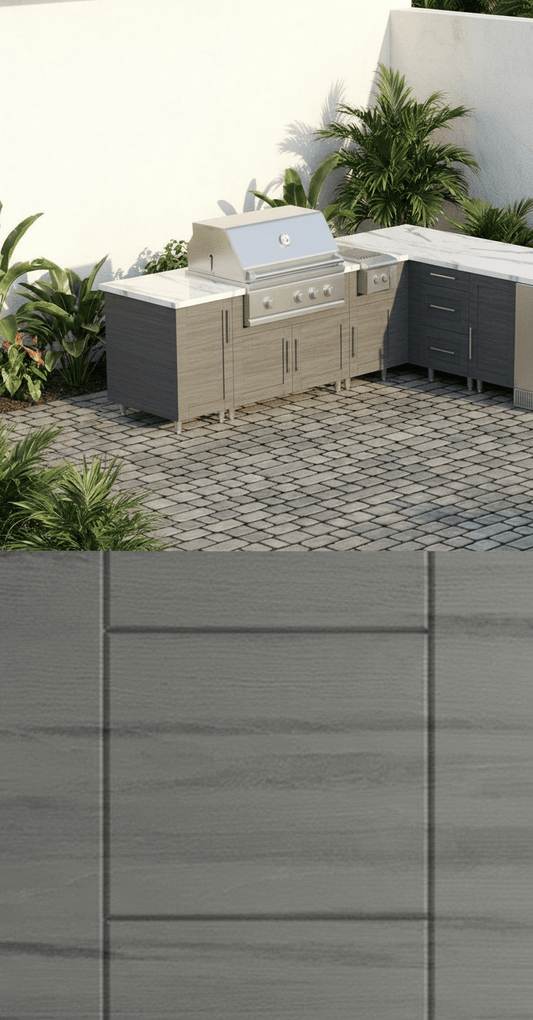 9ft.3in.x 8ft.3in. WeatherStrong L - Shaped Outdoor Kitchen Ready For Refrigerator, Grill and Side Burner - Sunzout Outdoor Spaces LLC