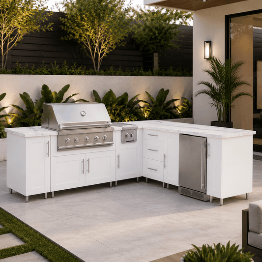 9ft.3in.x 8ft.3in. WeatherStrong L - Shaped Outdoor Kitchen Ready For Refrigerator, Grill and Side Burner - Sunzout Outdoor Spaces LLC