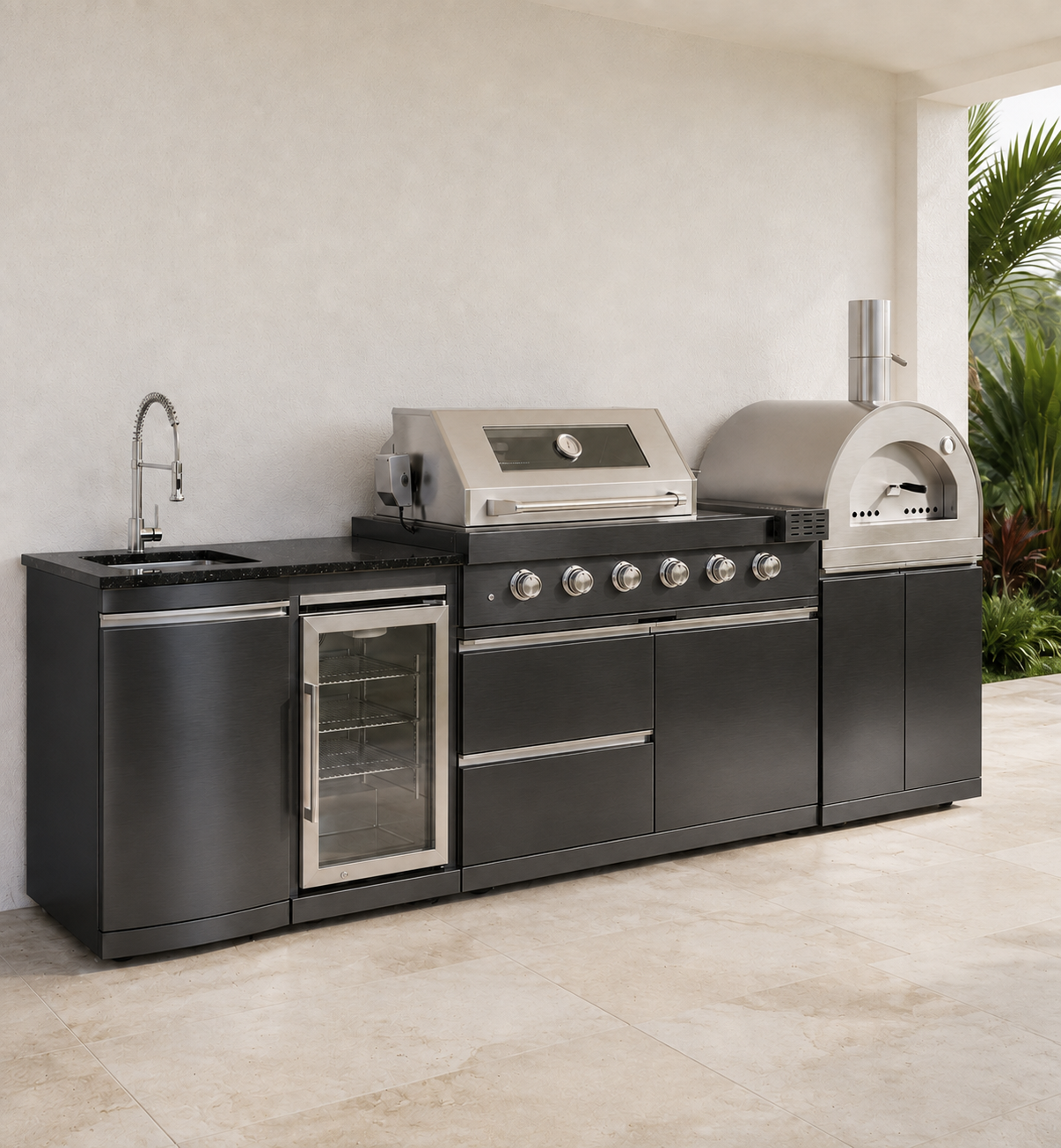 111.5" Black Stainless Steel Outdoor Kitchen with Pizza Oven - Sink - Refrigerator - Grill and Side Burner