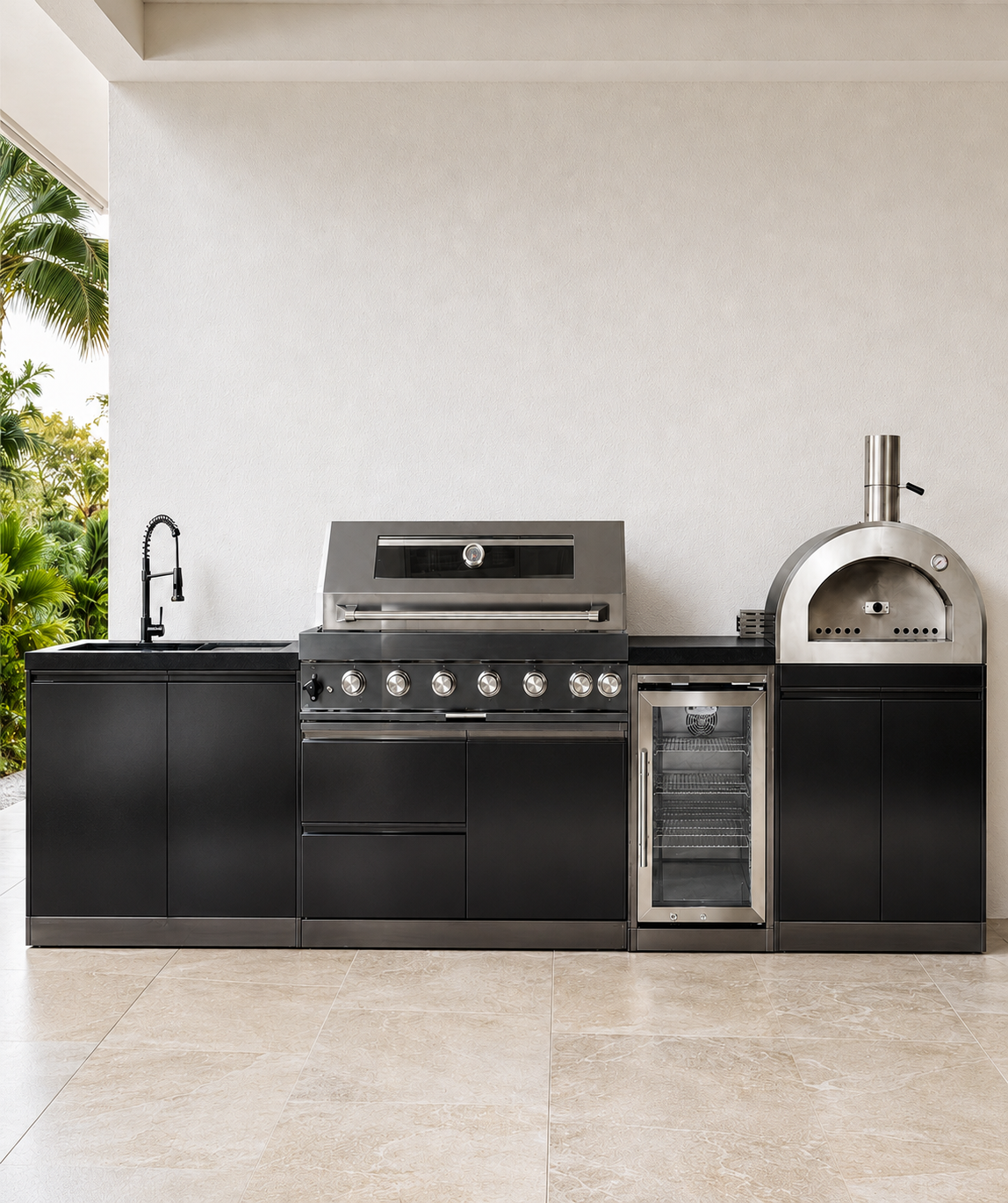 121" Black Stainless Steel Outdoor Kitchen with 43" Grill - Refrigerator - Sink - Pizza Oven