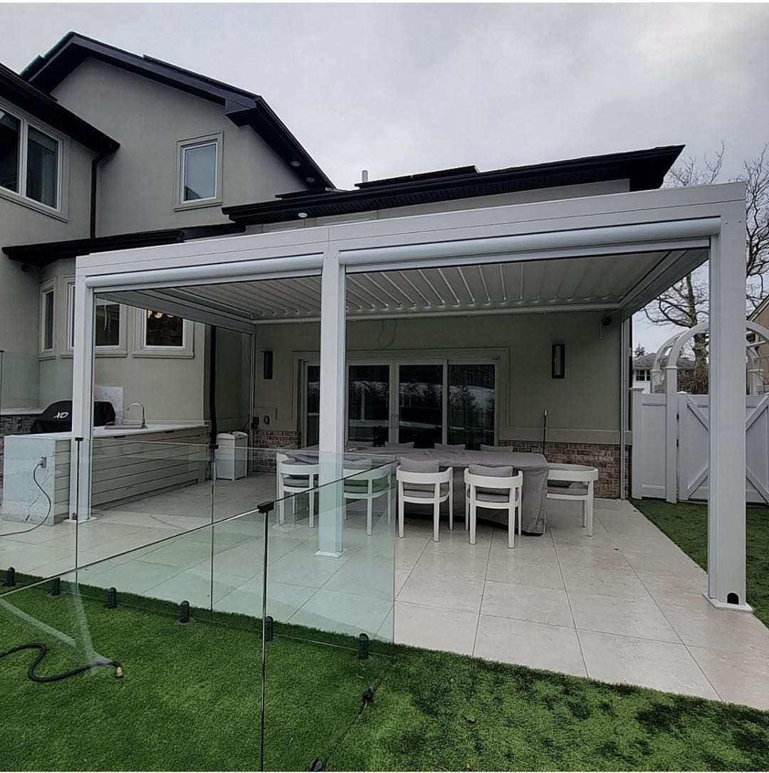 Grey Aluminum Pergola Kit with Motorized Louvered Roof - Sunzout Outdoor Spaces LLC