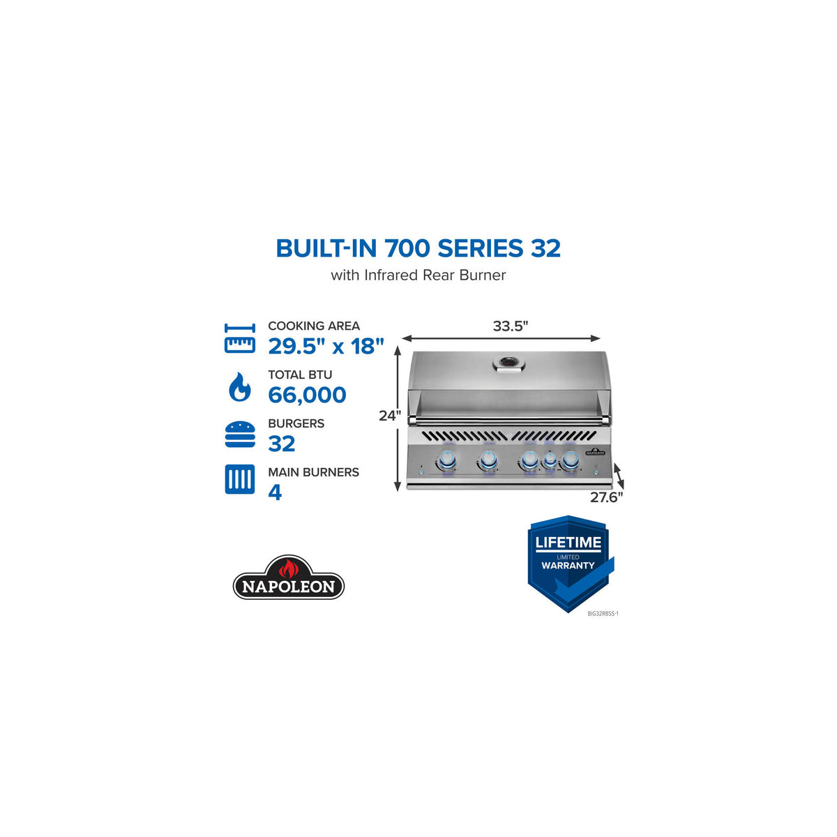 Napoleon 700 Series 32-Inch Built-In Gas Grill with Rotisserie – Stainless Steel — manufacturer detail view