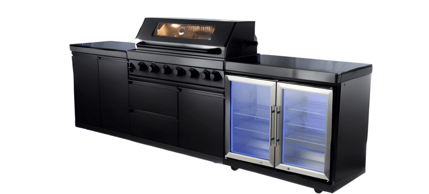 Outdoor Kitchen, Stainless Steel Modular with 5 burner grill, rotisserie, full cabinet and Double Refrigerator - Sunzout Outdoor Spaces LLC