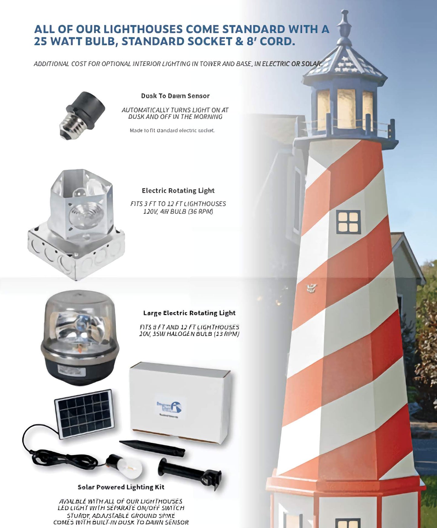 Red White and Blue Garden Lighthouse - Customizable - Sunzout Outdoor Spaces LLC