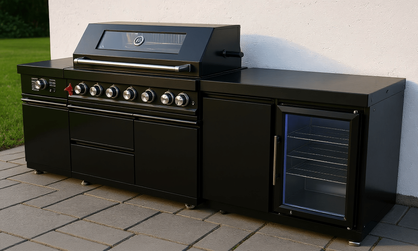 Stainless Steel Modular Outdoor Kitchen Island with Grill, Side Burner and Single refrigerator. - Sunzout Outdoor Spaces LLC