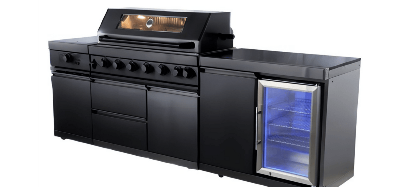 Stainless Steel Modular Outdoor Kitchen Island with Grill, Side Burner and Single refrigerator. - Sunzout Outdoor Spaces LLC