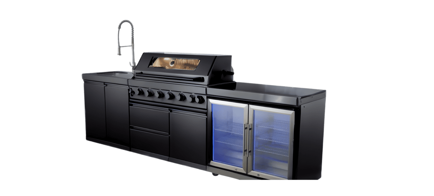 Stainless Steel Outdoor Kitchen with Grill, Rotisserie, Double Refrigerator, Modern Sink and Granite Countertop - Sunzout Outdoor Spaces LLC