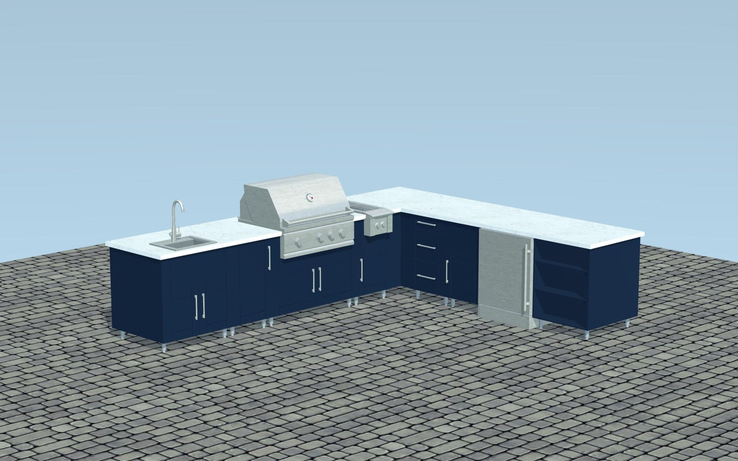 TrueFlame Appliance Package w/ Grill, Refrigerator, Side Burner and Sink Ready For 11ft.9in.x 9ft.9in WeatherStrong L - Shaped Outdoor Kitchen - Sunzout Outdoor Spaces LLC