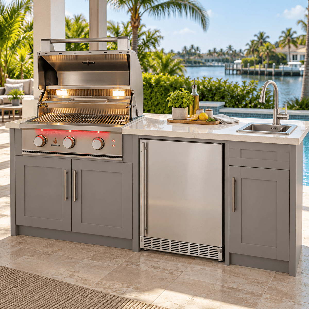 TrueFlame Weekend Host Package – 25" Grill, 24" Stainless-Door Refrigerator & Drop-In Sink - Sunzout Outdoor Spaces LLC