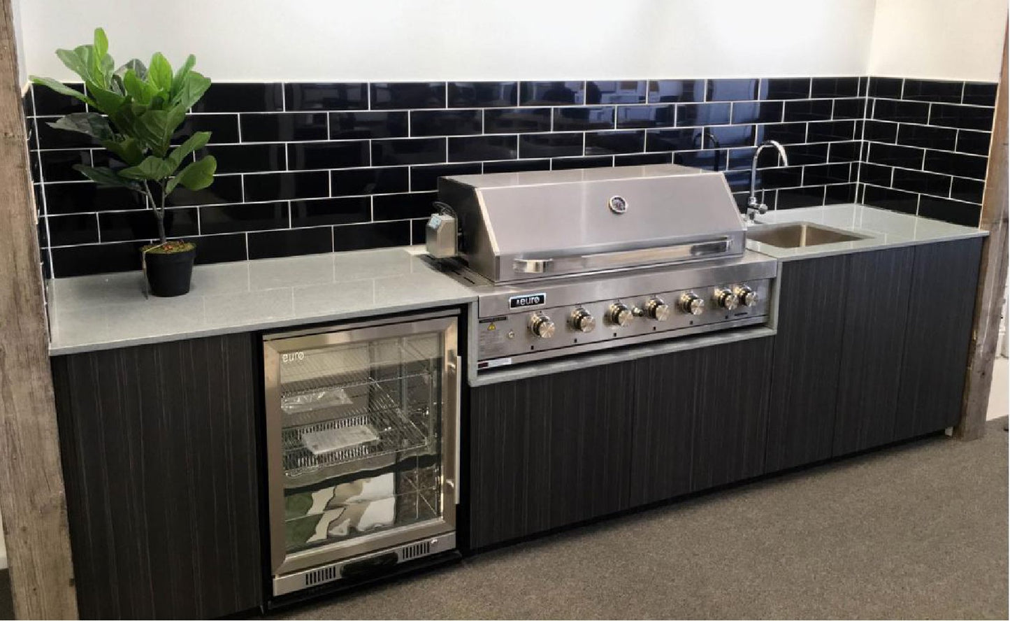 10 ft Modern Stainless Steel Designer Black Outdoor Kitchen with 44 inch Grill, Sink and Refrigerator - Sunzout Outdoor Spaces LLC