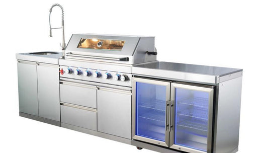 100.5 inch Stainless Steel Outdoor Kitchen with Grill, Rotisserie, Double Refrigerator, Modern Sink and Granite Countertop - Sunzout Outdoor Spaces LLC