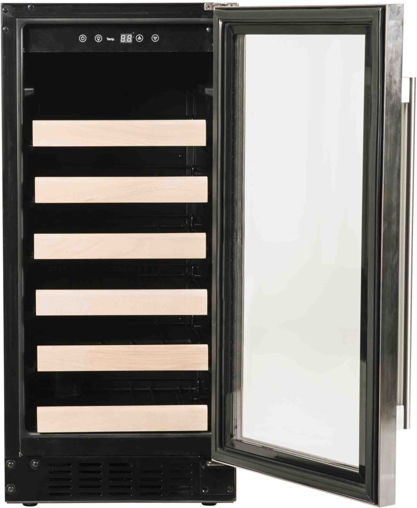 15 Inch Wine Center with 3 cu. ft. Capacity, Wood Front Racks, Field Reversible Door, Blue LED Lighting, Digital Display Controls, Auto Defrost, and ADA Compliant: Panel Ready-Glass - Sunzout Outdoor Spaces LLC
