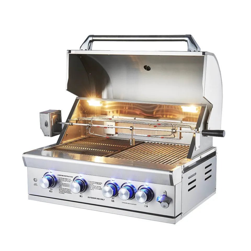7 ft. Blue Stainless Steel Outdoor Kitchen with Waterfall Countertops, Built in 5 burner grill and Refrigerator - Sunzout Outdoor Spaces LLC