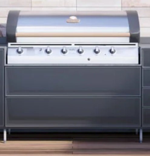 7 ft. Blue Stainless Steel Outdoor Kitchen with Waterfall Countertops, Built in 5 burner grill and Refrigerator - Sunzout Outdoor Spaces LLC