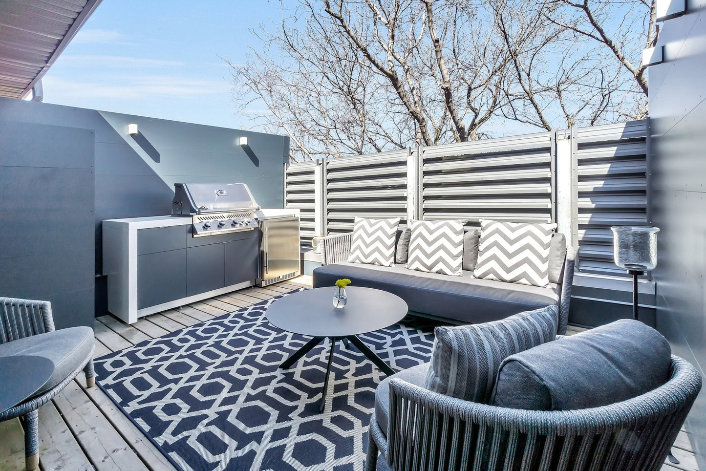 7 ft. Blue Stainless Steel Outdoor Kitchen with Waterfall Countertops, Built in 5 burner grill and Refrigerator - Sunzout Outdoor Spaces LLC