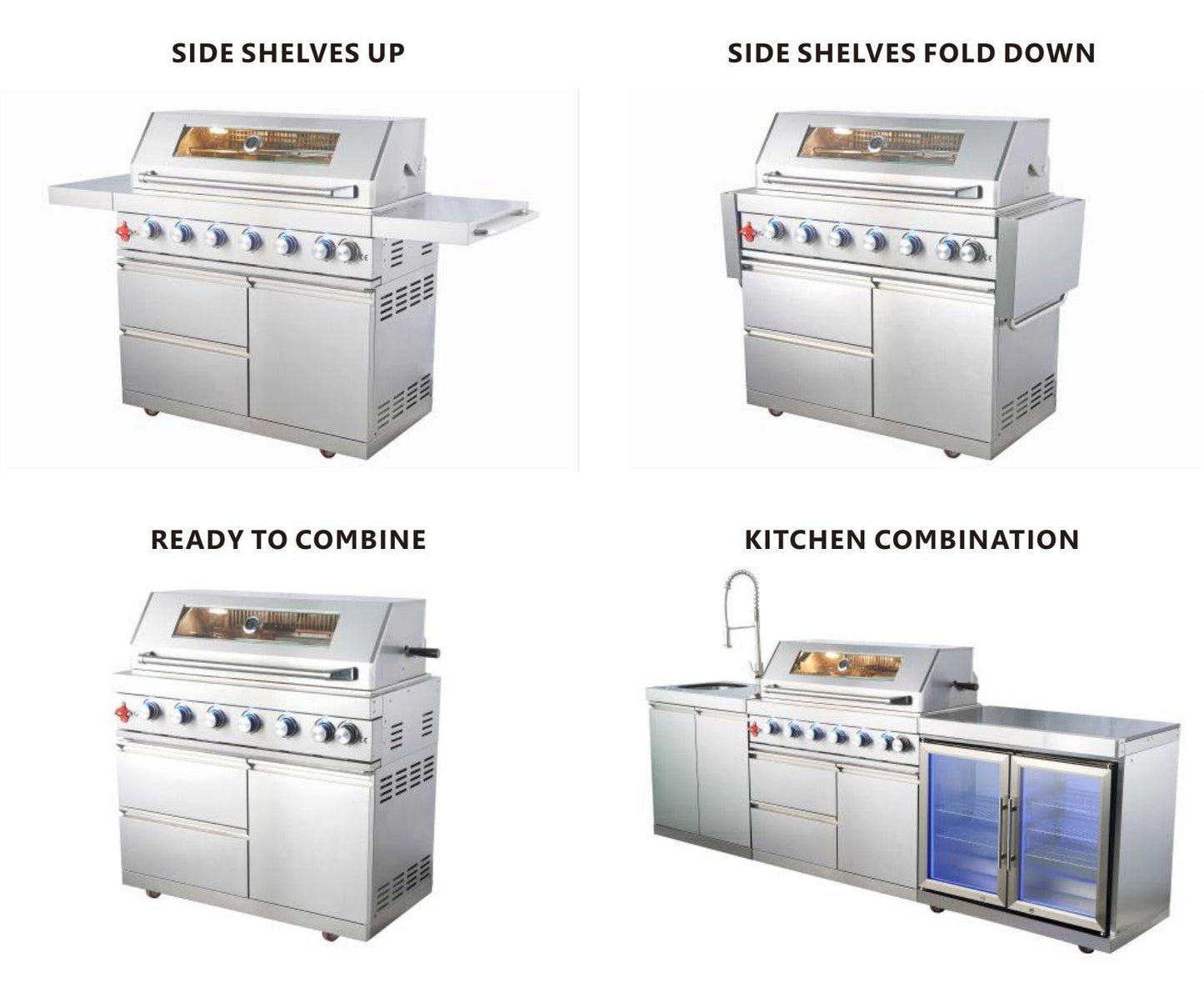 9 ft by 12 ft White Stainless Steel Outdoor Kitchen with 7 burner grill, Griddle, Side Burner, Pizza Oven, Sink and Double Refrigerator - Sunzout Outdoor Spaces LLC