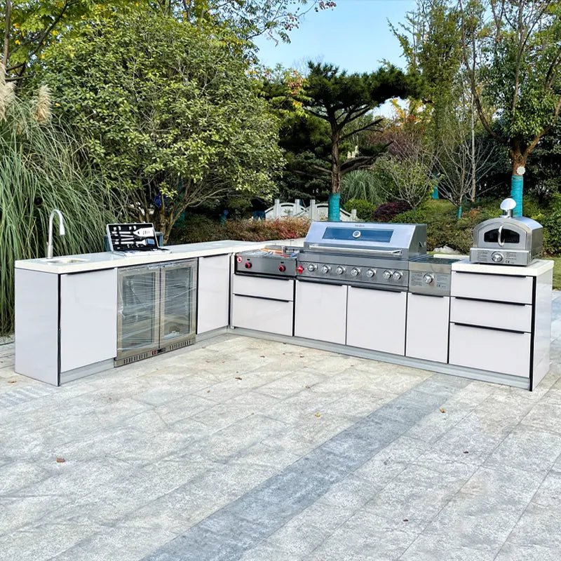 9 ft by 12 ft White Stainless Steel Outdoor Kitchen with 7 burner grill, Griddle, Side Burner, Pizza Oven, Sink and Double Refrigerator - Sunzout Outdoor Spaces LLC