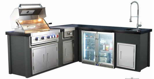 91" x 91" Sunzout Brand L Shape Outdoor Kitchen in Charcoal Grey with 5 Burner Grill, Side Burner, Sink and Double Refrigerator - Sunzout Outdoor Spaces LLC