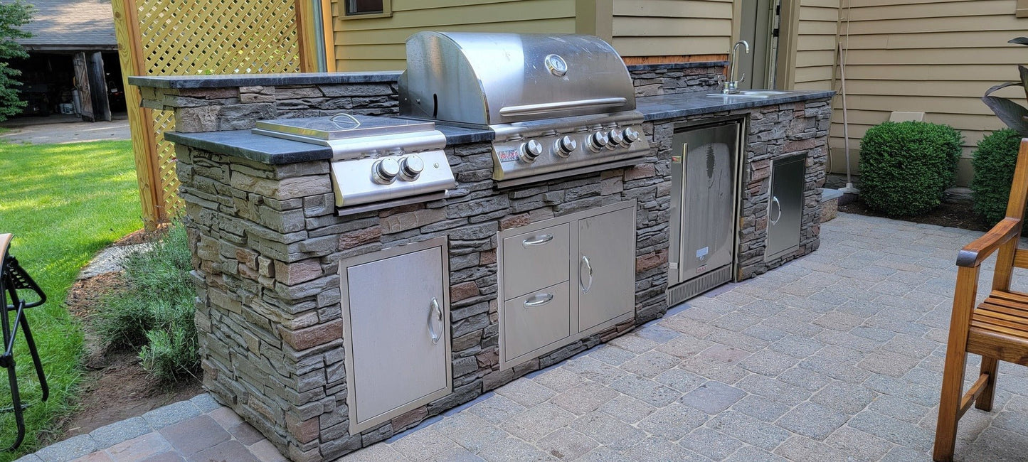 9ft Manufactured Stacked Stone Outdoor Kitchen Island, Ready to assemble, RTA. Countertops and Appliances sold separately - Sunzout Outdoor Spaces LLC