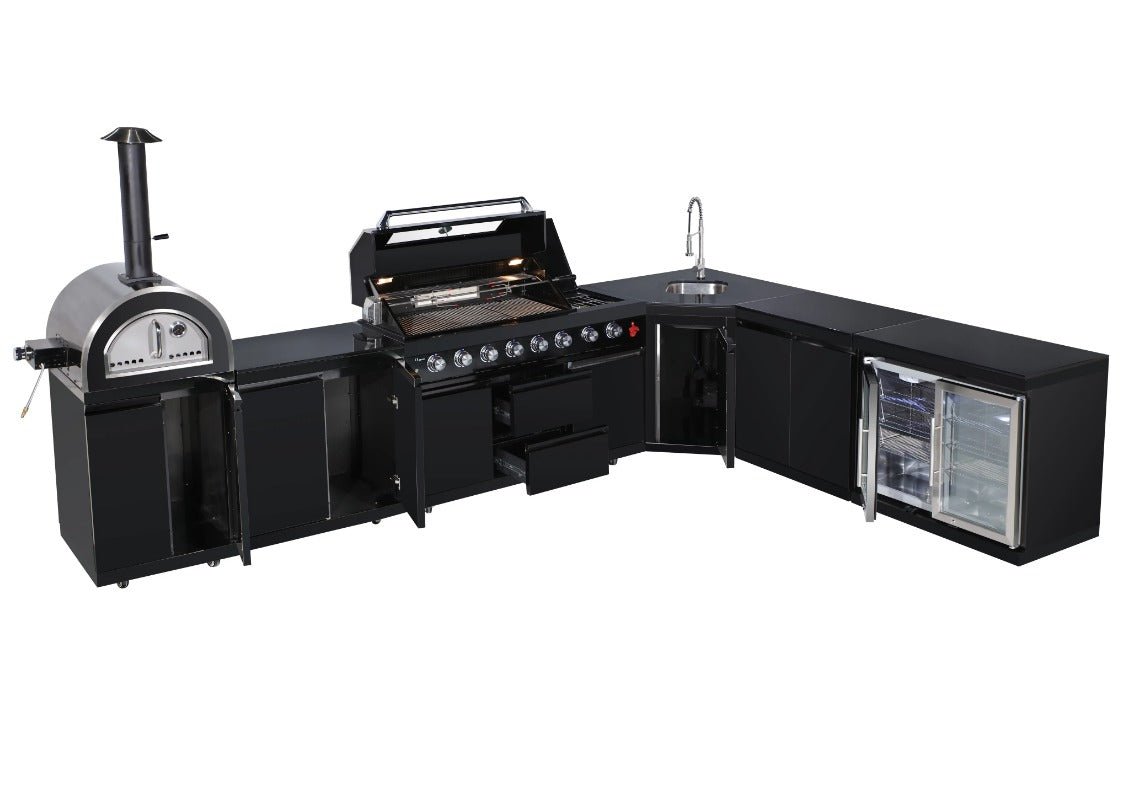 Black Stainless Steel Modular L Shape Outdoor Kitchen, Grill, Sink, Double Refrigerator and Pizza Oven - Sunzout Outdoor Spaces LLC