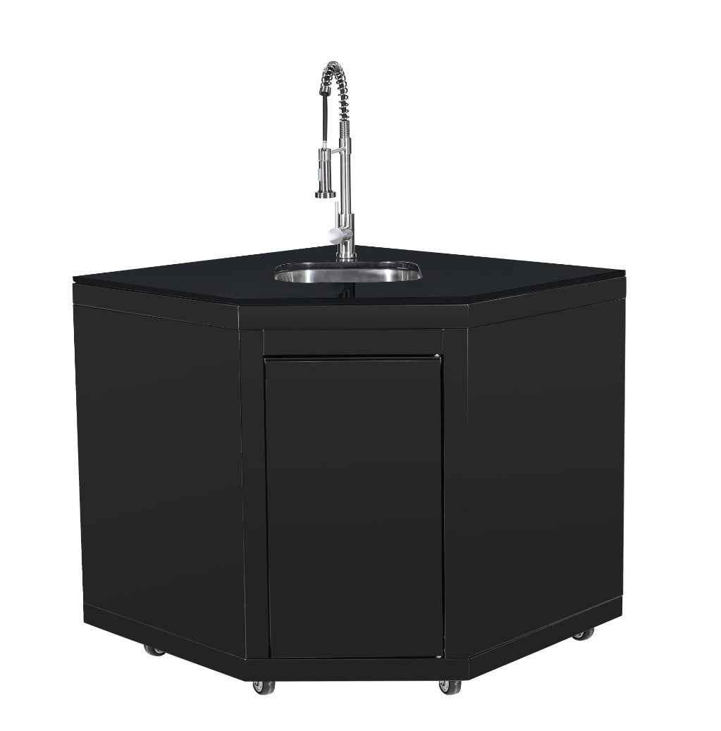 Black Stainless Steel Modular L Shape Outdoor Kitchen, Grill, Sink, Double Refrigerator and Pizza Oven - Sunzout Outdoor Spaces LLC