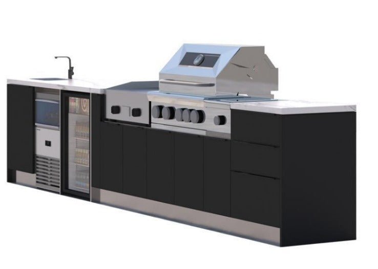 Fully Modular Black Stainless Steel Outdoor Kitchen with Grill, Side Burner, Griddle, Refrigerator, Ice Maker and Sink - Sunzout Outdoor Spaces LLC