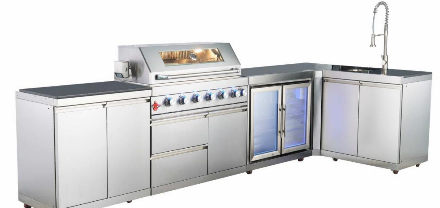 L Shaped Stainless Steel Modular Outdoor Kitchen, 138 inch by 57 inch with Grill, , Sink, Double Refrigerator and Storage - Sunzout Outdoor Spaces LLC