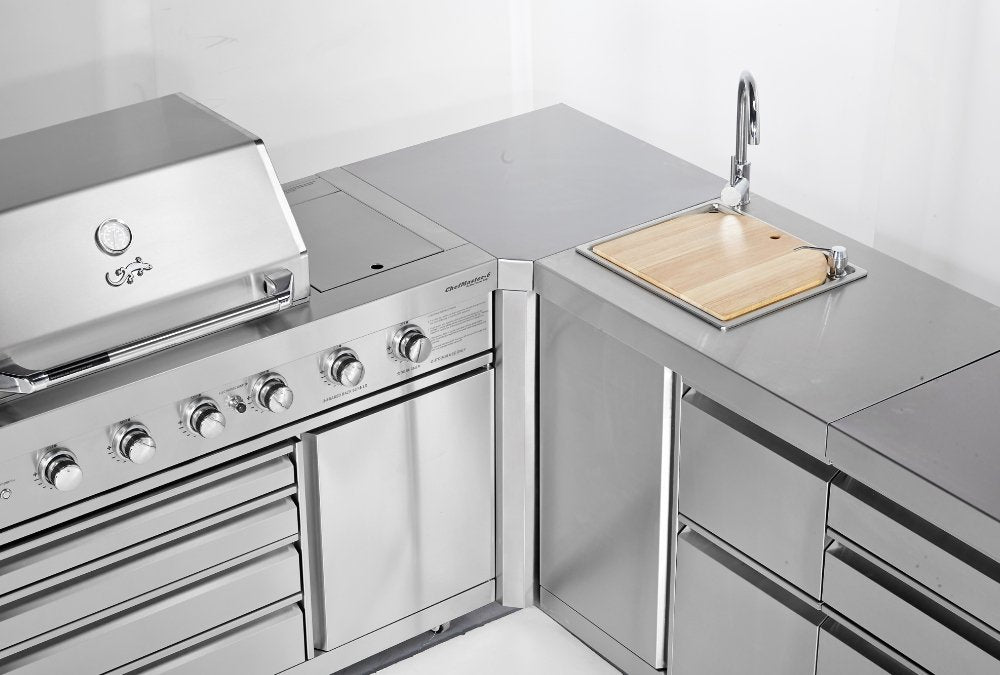 L-Shaped Stainless Steel Modular Outdoor Kitchen with 43 inch Built in Grill, Sink and Double Door Refrigerator - Sunzout Outdoor Spaces LLC