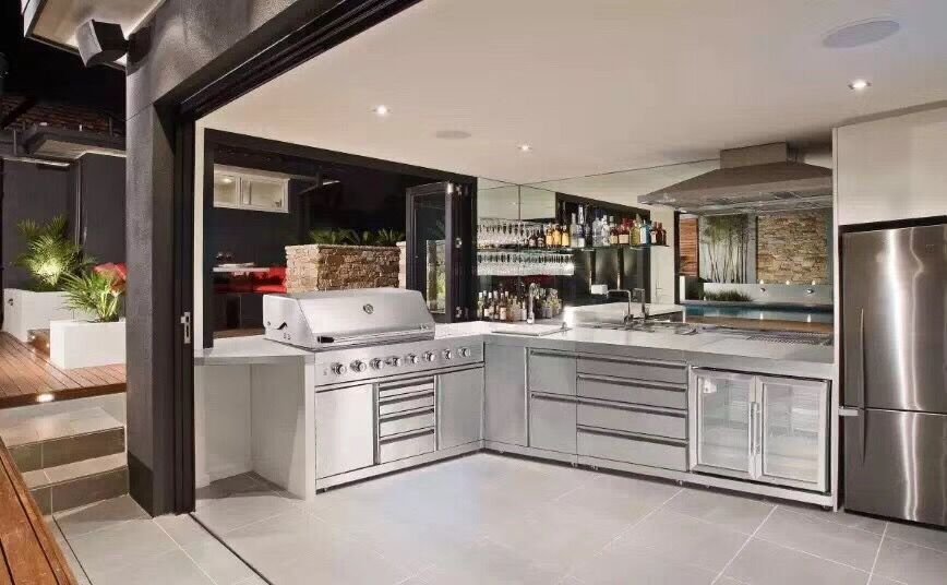 L-Shaped Stainless Steel Modular Outdoor Kitchen with 43 inch Built in Grill, Sink and Double Door Refrigerator - Sunzout Outdoor Spaces LLC