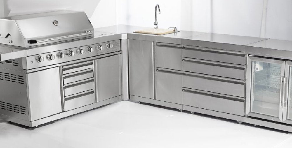 L-Shaped Stainless Steel Modular Outdoor Kitchen with 43 inch Built in Grill, Sink and Double Door Refrigerator - Sunzout Outdoor Spaces LLC